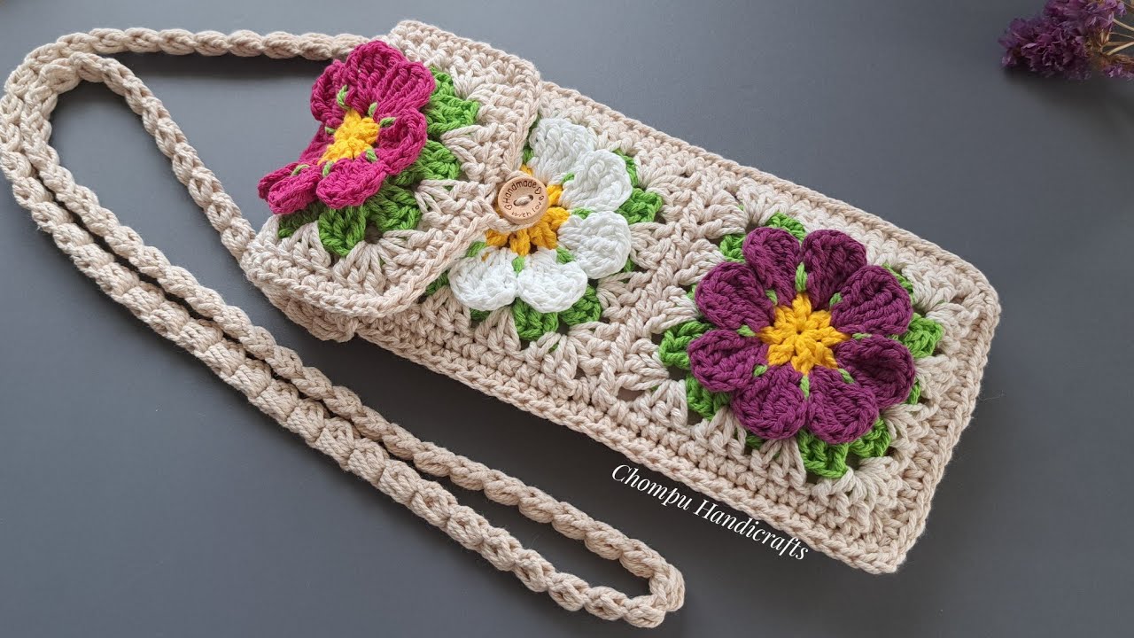 How to Crochet Flower Granny Square Phone Bag | Chompu Handicrafts