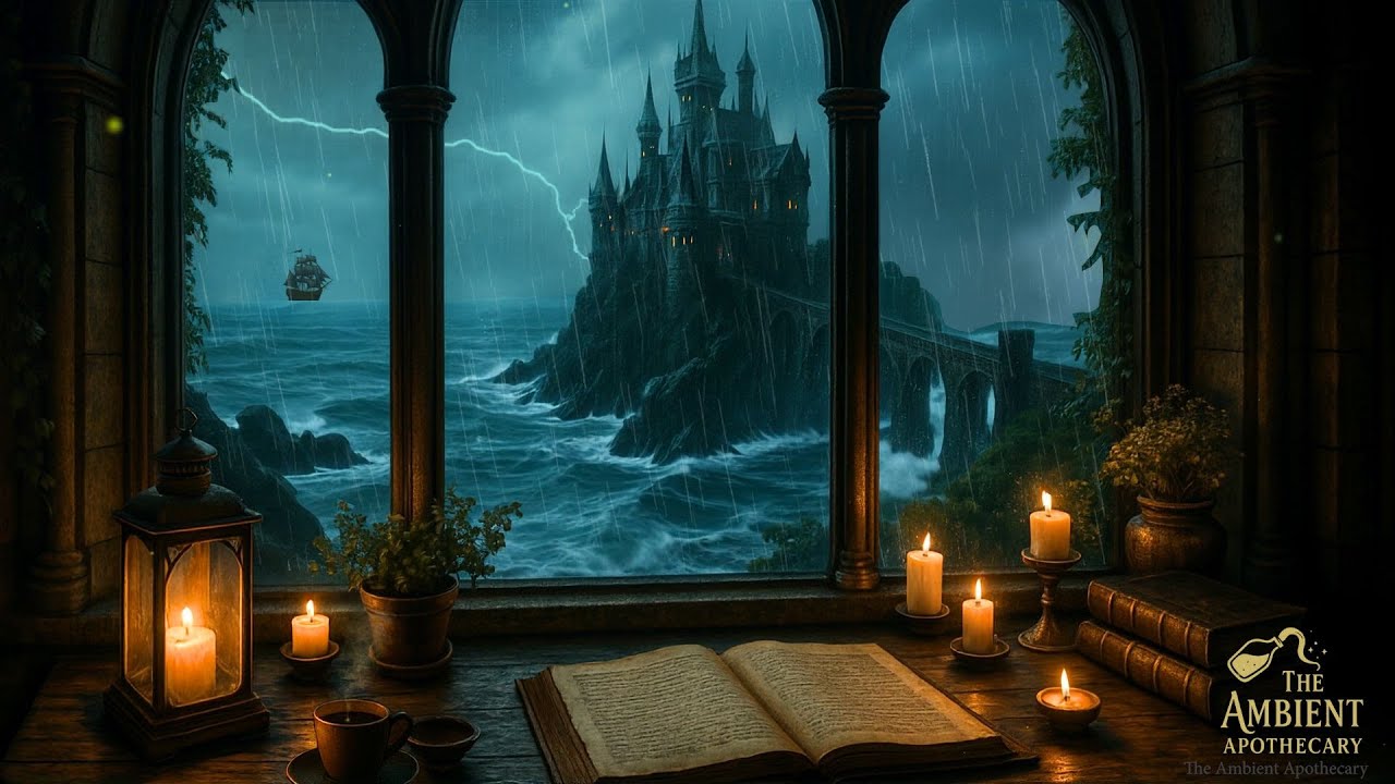Dark Academia Castle By The Sea For Reading | Moody Stormy Window Ambience