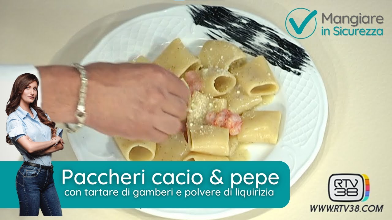 PACCHERI CACIO E PEPE CON TARTARE DI GAMBERI E POLVERE DI LIQUIRIZIA