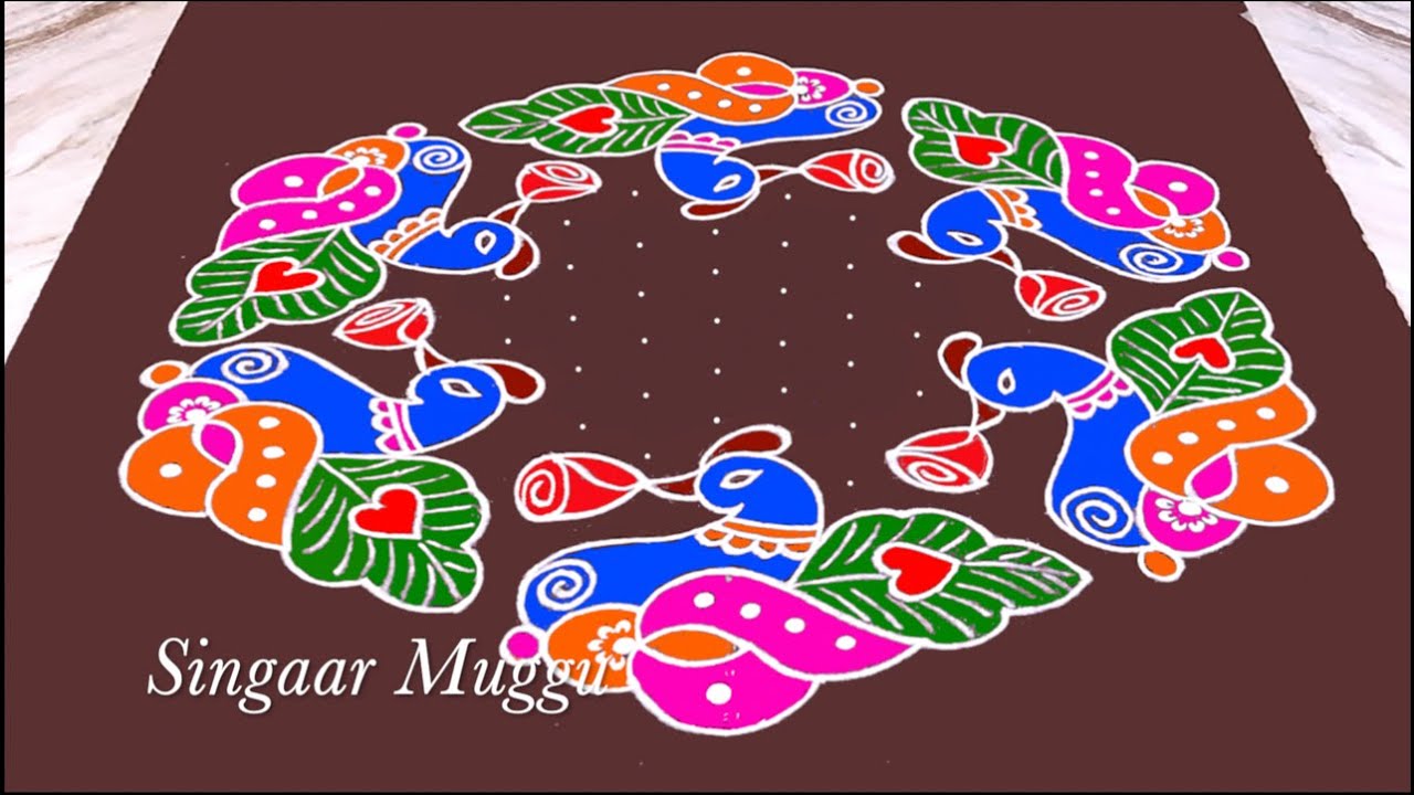 Peacock Rangoli 15X8 dots | Sangu kolam | Ekadashi rangoli | Shankam muggulu | Tholi Ekadasi muggulu