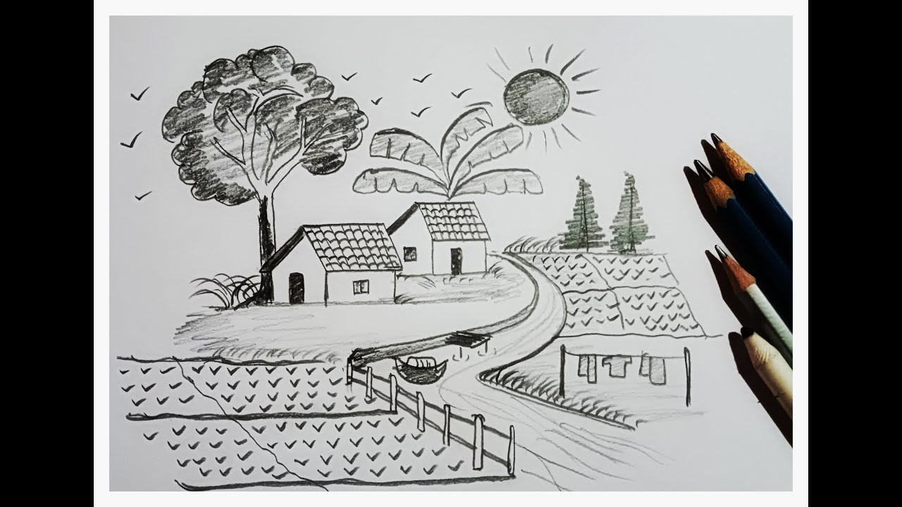 Village Scenery Drawing Step by Step | Easy Pencil Drawing for Beginners