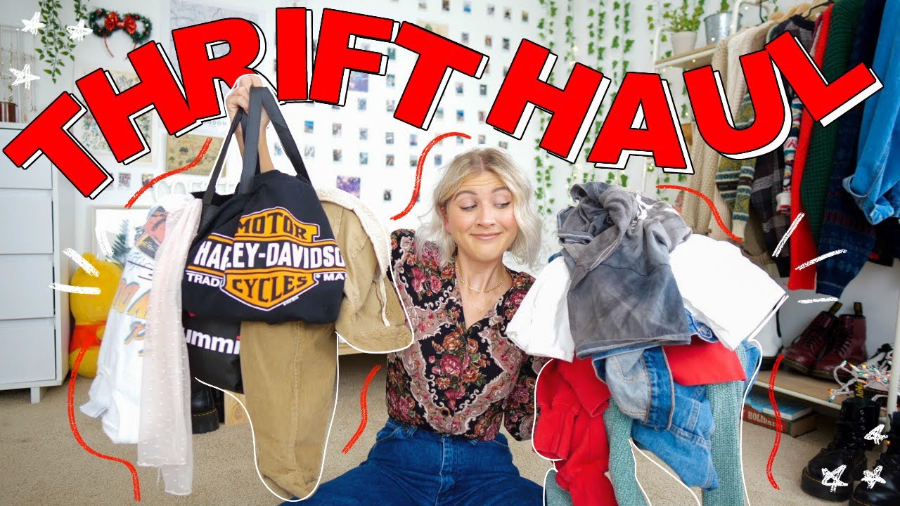 BIG THRIFT STORE TRY ON HAUL | one of my BEST thrift hauls! thrifting Harley Davidson, DENIM + MORE