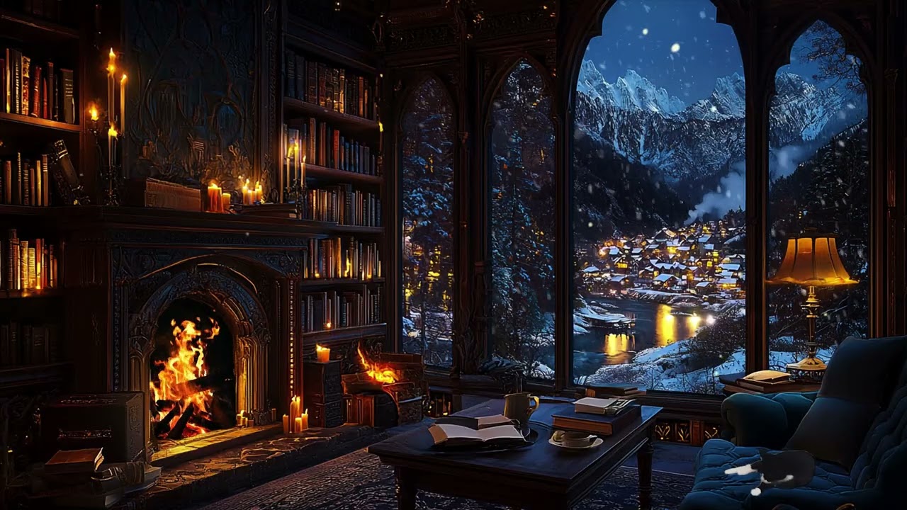 Snowy Evening in Antique Library | Calm Dark Academia Cabin Music for Reading Focus