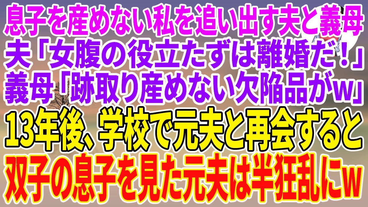 【スカッとする話】息子を産めない私を追い出す夫と義母。夫「女腹の役立たずは離婚だ！」義母「跡取り産めない欠陥品がw」13年後、学校で元夫と再会すると、双子の息子を見た元夫は半狂乱にw【朗読】