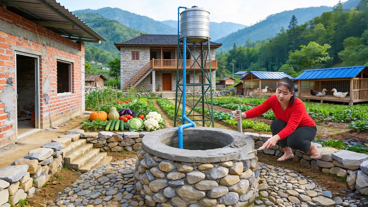 Build Well Surface with Stone & Install Water Pump and Tank System | Full Construction Process