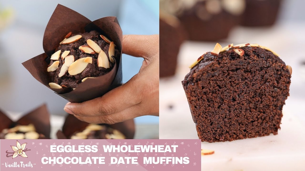 Eggless Wholewheat Chocolate Date Muffins! No maida, no sugars! Easy recipe, moist & decadent muffin