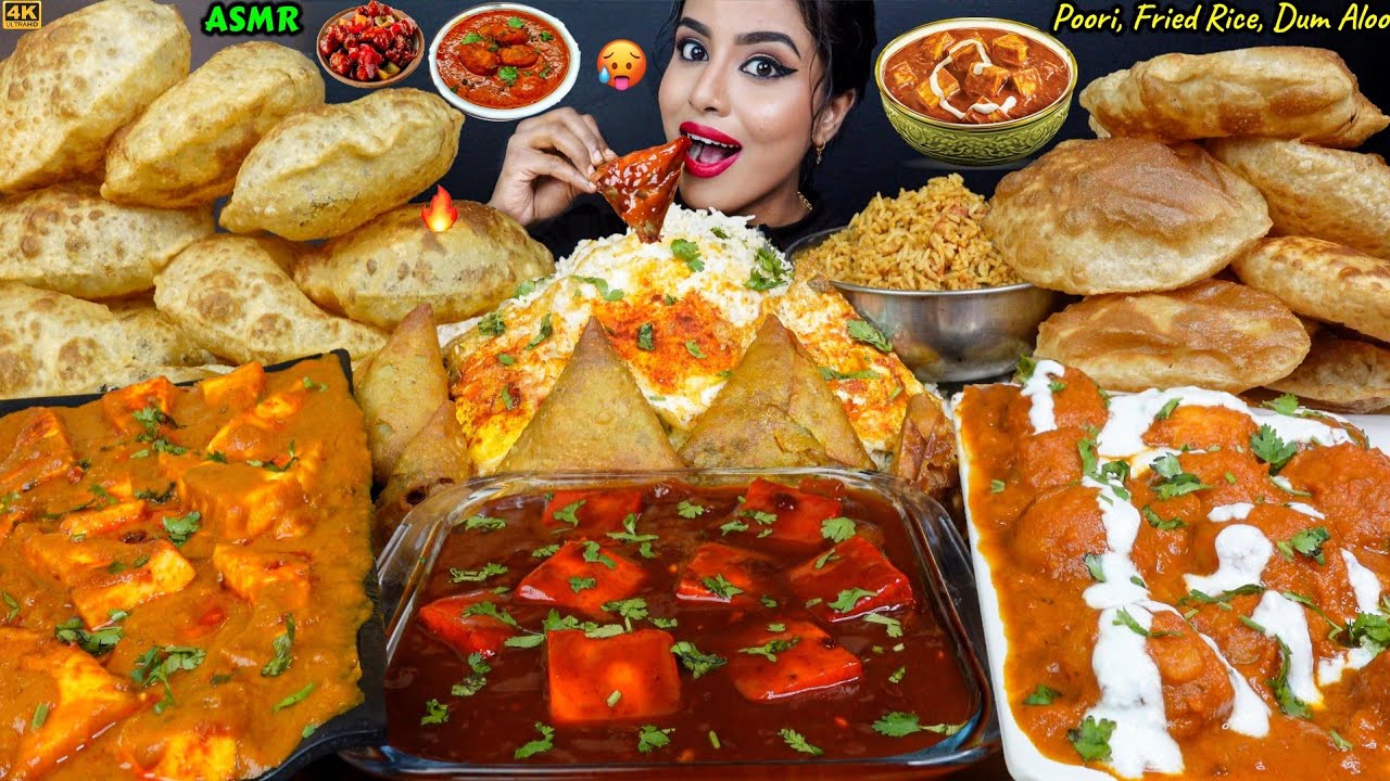 ASMR Eating Spicy Fried Rice,Pulao,Poori,Paneer, Aloo Masala,Indian Street Food ASMR Eating Mukbang
