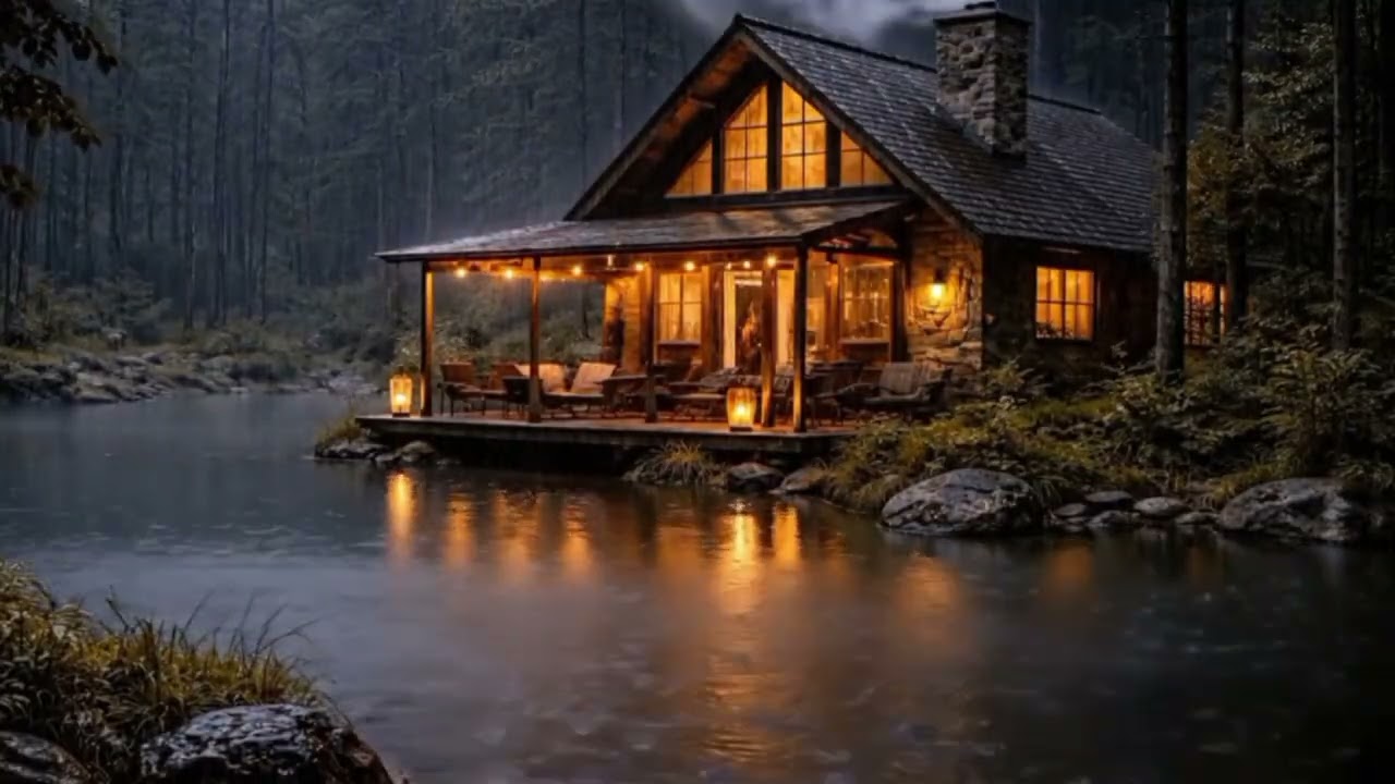 Cabana Aconchegante à Beira do Lago com Chuva Forte/ Cozy Cabin by the Lake with Heavy Rain
