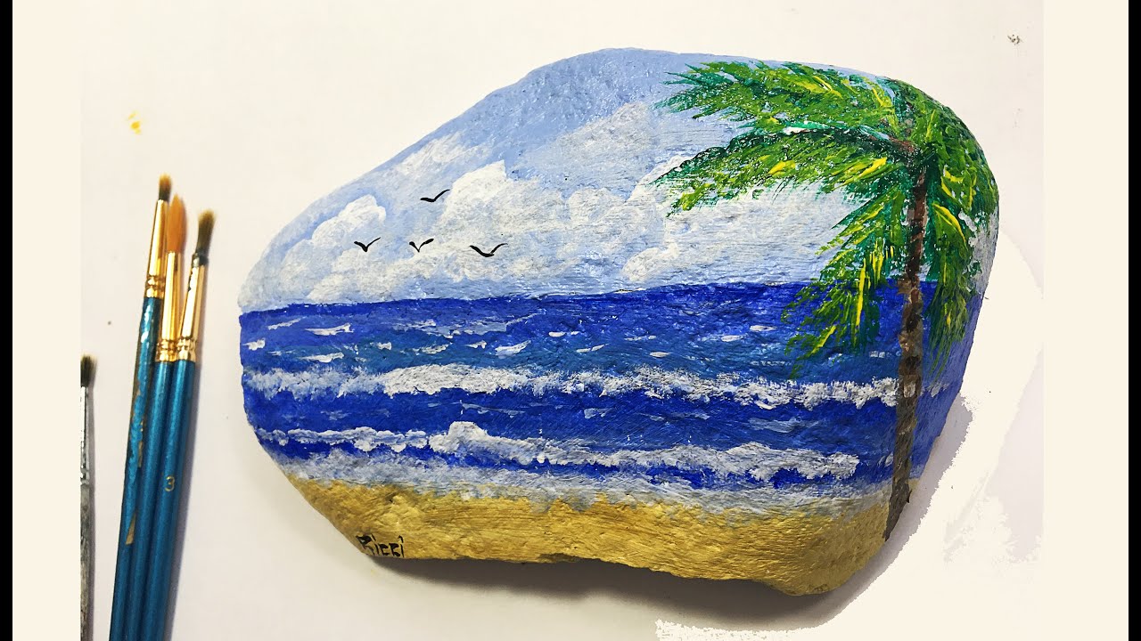 COMO PINTAR UN PAISAJE SOBRE PIEDRA ( PLAYA ) pintura Acrilica