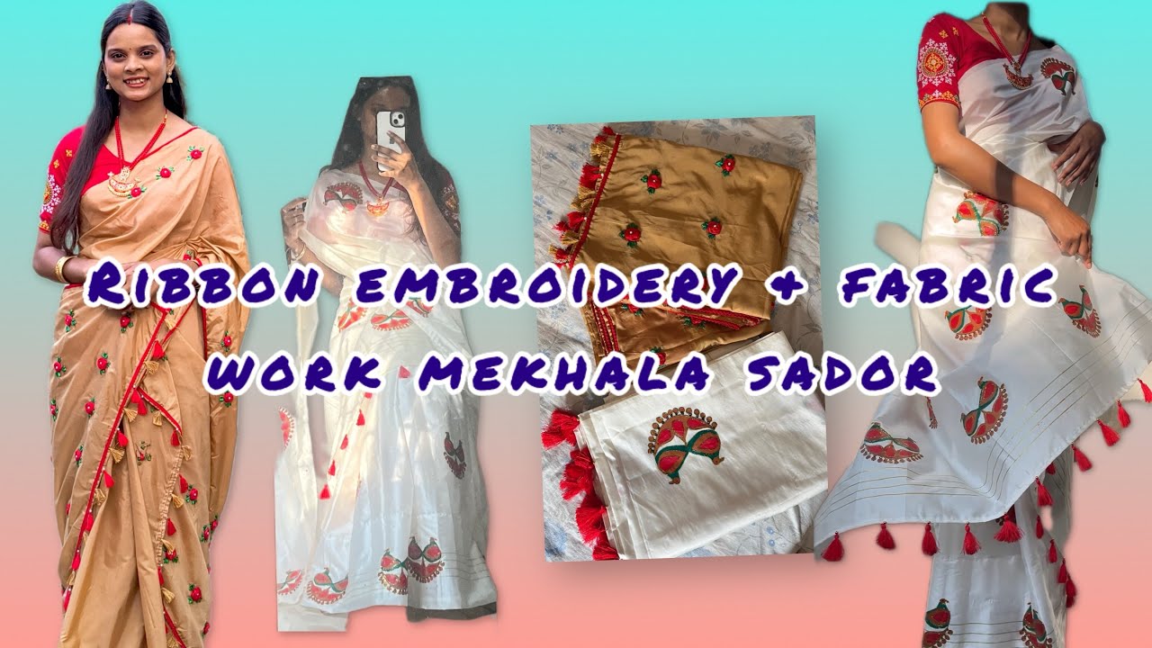 Handmade Ribbon embroidery & fabric work mekhala sador 🌸🥀.#handpainted #mekhalasador #fabricpainting
