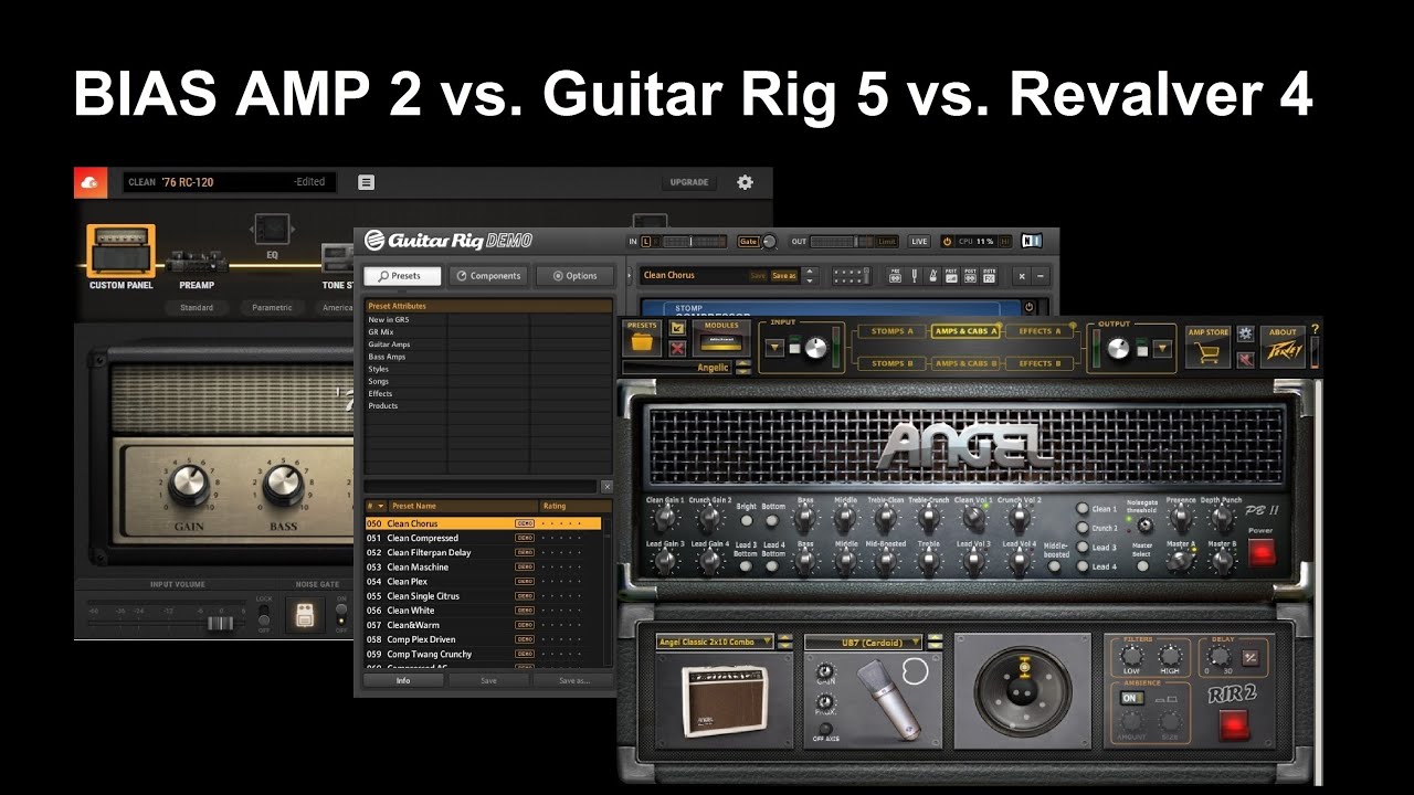 BIAS AMP 2 vs. Guitar Rig 5 vs. Revalver 4 (stock presets) / (заводские пресеты)