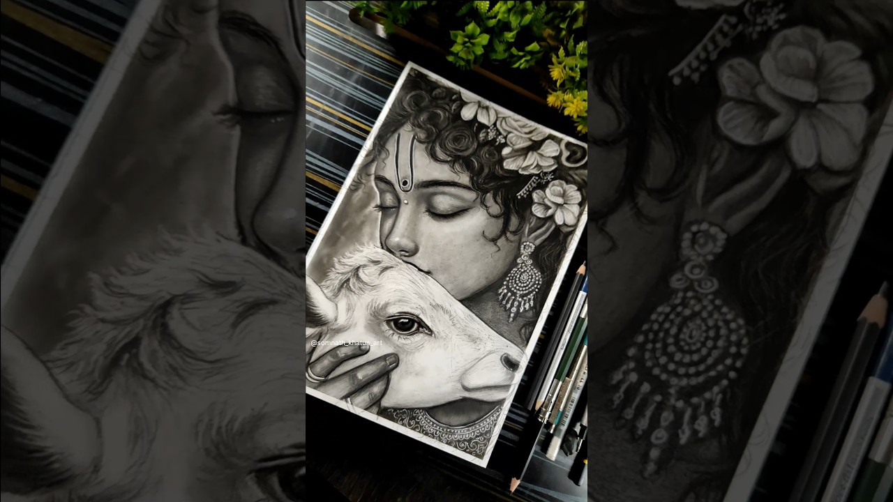 Lord Krishna Drawing Sketch 😍❤️&zwj;🩹✍️ Krishna ji with Cow 🦚 #shorts #shreekrishna #krishna #drawing