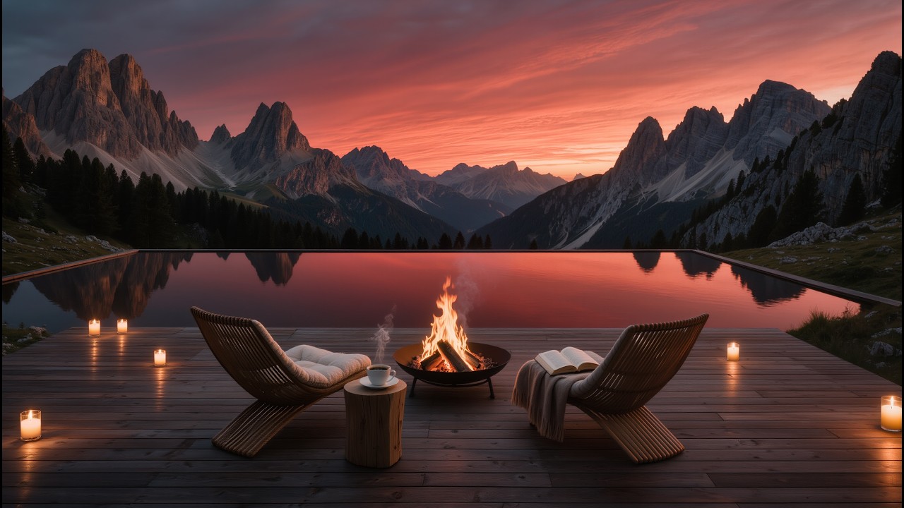 Cozy Mountain Fireplace at Sunset 🔥 Relaxing Fire Sounds & Peaceful Lake