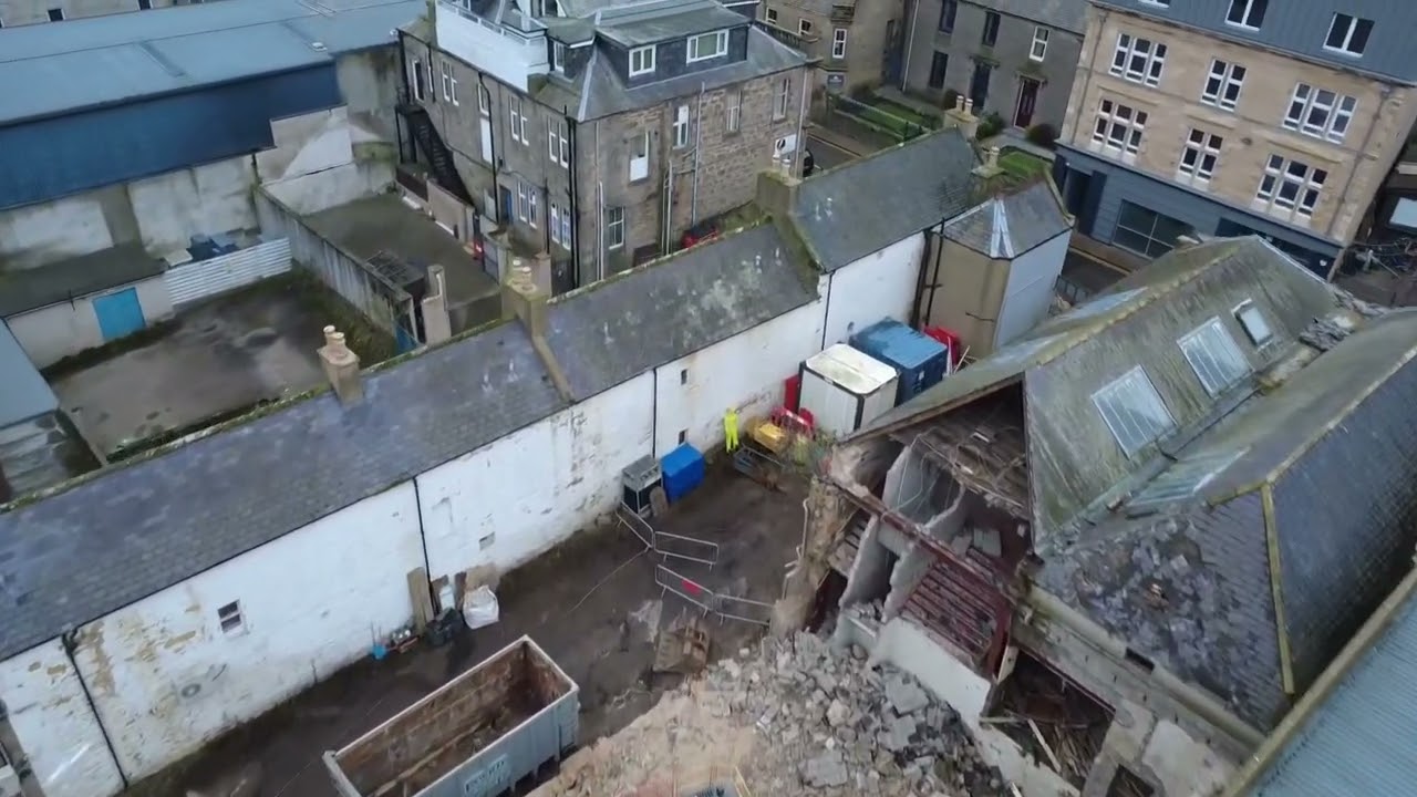 Drone footage of the old Junners and Jail house site, South street, Elgin
