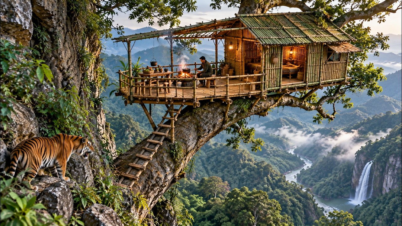 Building a High Cliffside Survival Shelter to Escape Tigers and Ground Predators