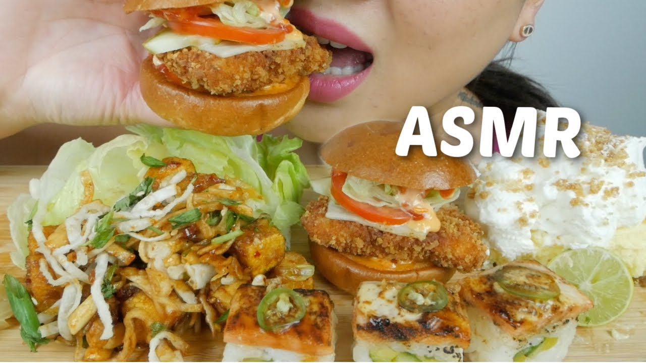 Mini Crispy Burger, Tofu Lettuce Wrap and Salmon Aburi with Key lime Pie *Relaxing Eating Sound |N.E