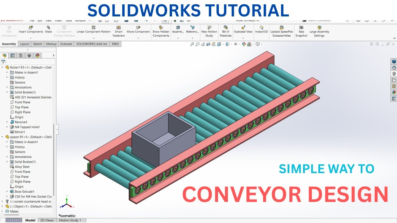 Roller Conveyor Design in SolidWorks | Part Modeling & Assembly Tutorial