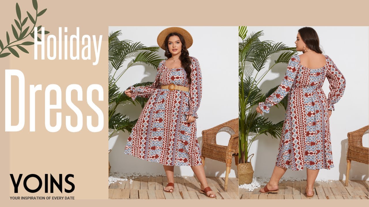 YOINS Plus Size Tribal Long Sleeves Dress