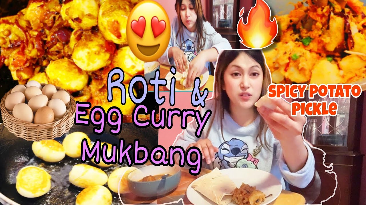 Eating Bihari Style Egg Curry with Roti | Arbi ki Sabji & Salad Mukbang