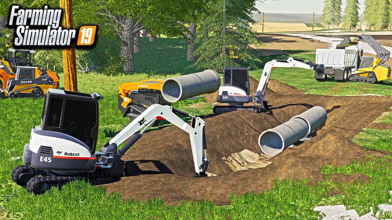 DIGGING SEWER PIPING FOR A MOBILE HOME PARK! (USING EXCAVATORS) | FARMING SIMULATOR 2019