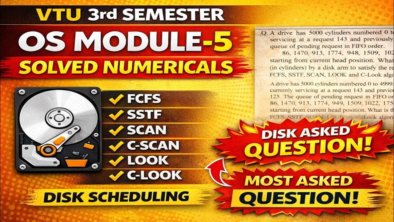 VTU OS Module-5 | Most Asked Numerical Problems with Solutions | FCFS SSTF SCAN CSCAN LOOK CLOOK