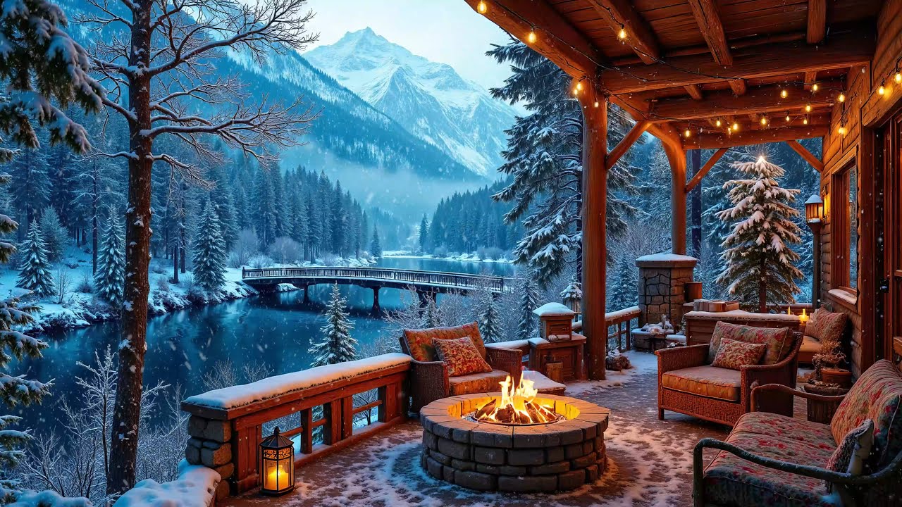 Cozy Winter Lakeside Cabin Ambience ❄️ Warm Piano Music 🔥 Crackling Fireplace to Relax, Study, Work
