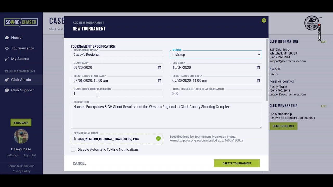 Creating a Tournament on Score Chaser