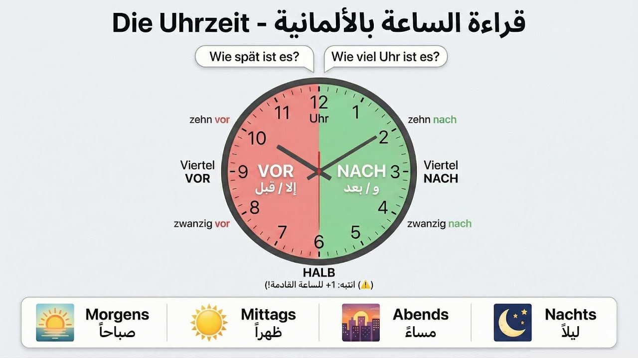 تعلم قراءة الساعة والتوقيت في اللغة الألمانية 🇩🇪 (Die Uhrzeit)