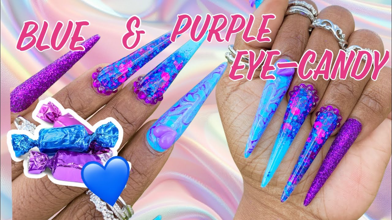 BLUE AND PURPLE GLITTER NAILS - POLY GEL STILETTO NAILS #nails #nailart