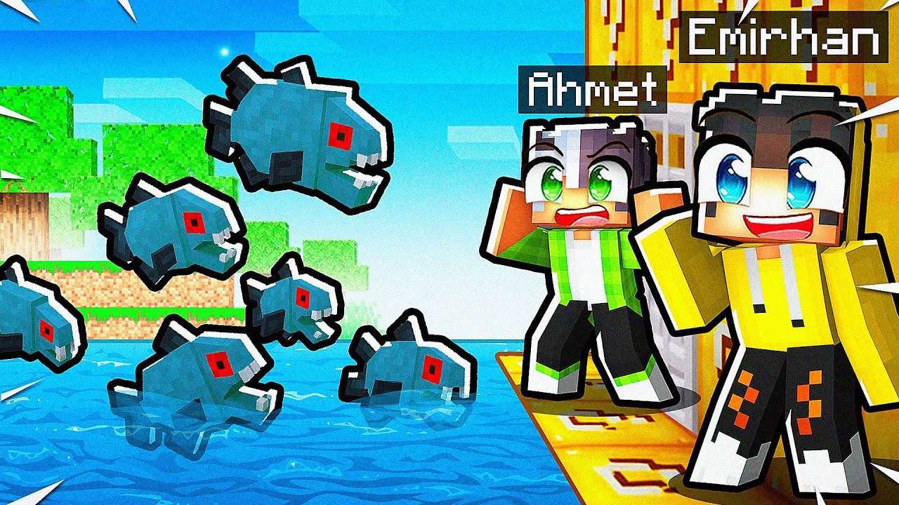 Şans Bloğu Adasında Piranalara Karşı Hayatta Kalabilecek Miyiz? 🐠 | Minecraft