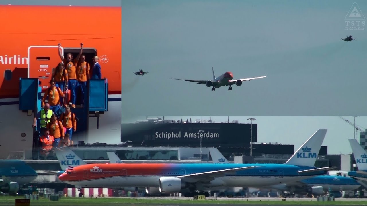 F-16s escort KLM 777 (Orange Pride) | Olympians return to Amsterdam
