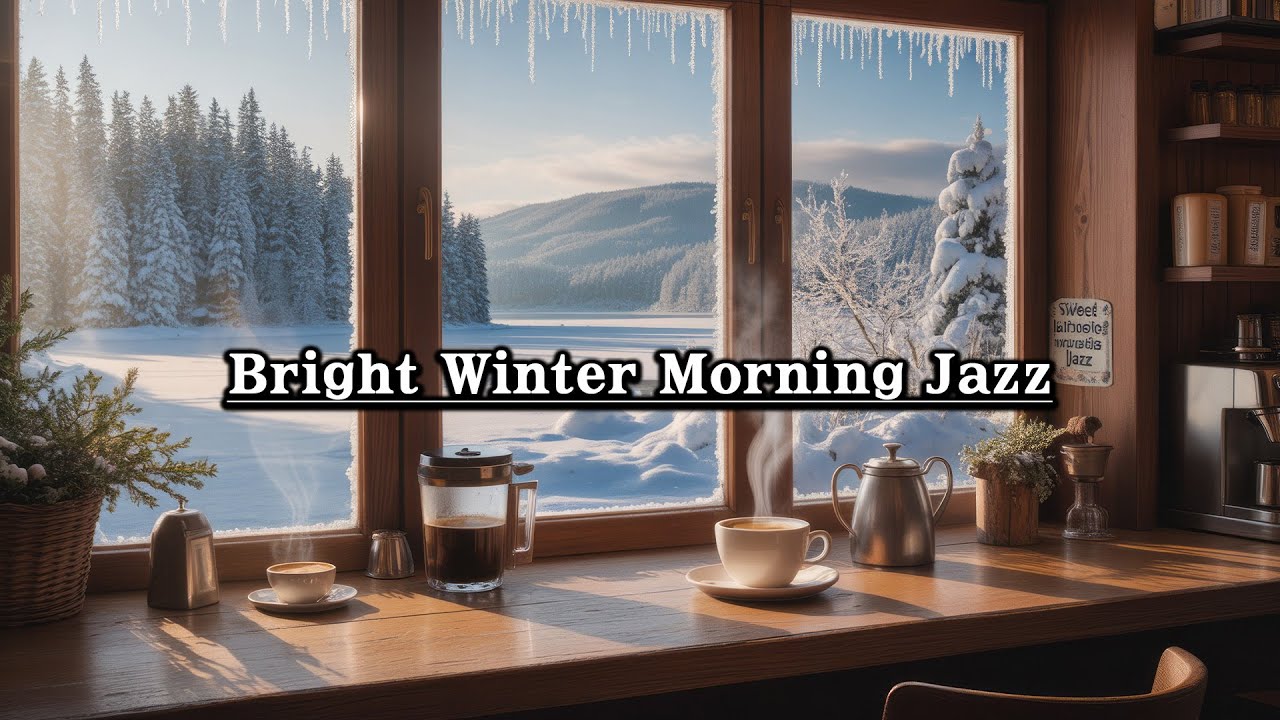 Bright Winter Jazz | Cozy Lakeside Café Ambience with Gentle Snowfall