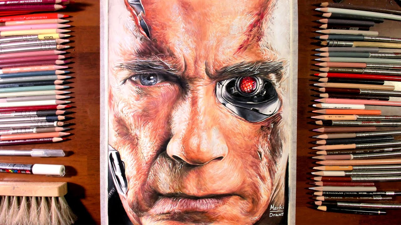 Drawing Terminator(Arnold Schwarzenegger) - marki draws, colored pencil