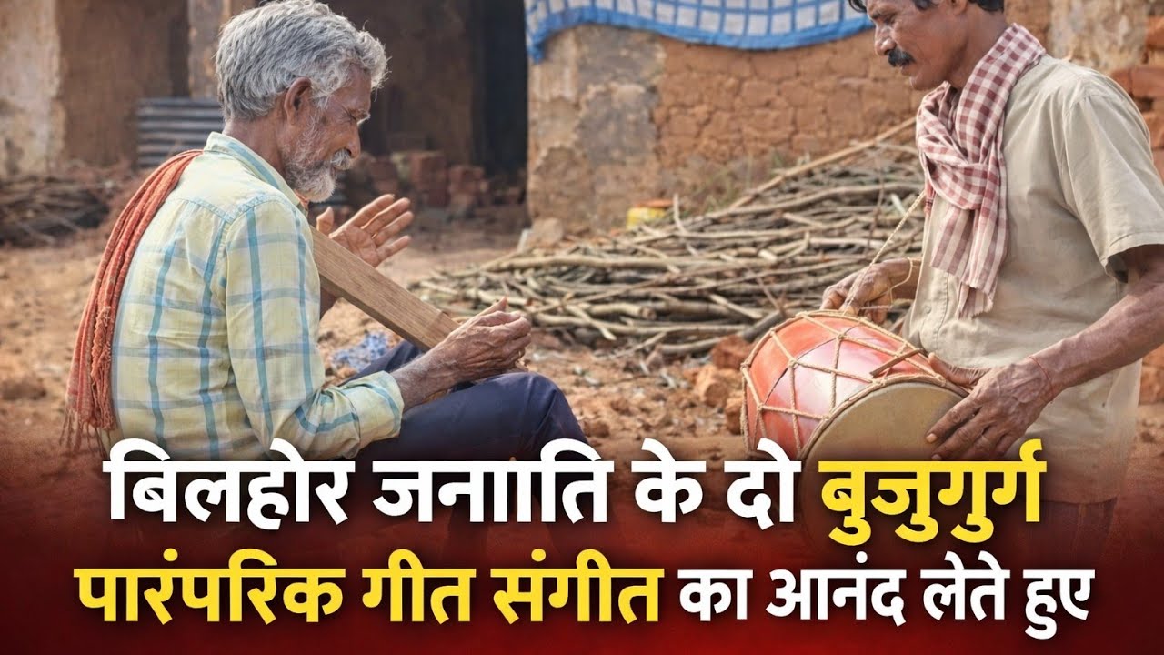बिलहोर जनजाति के दो बुर्जुग पारंपरिक गीत संगीत का आनंद लेते हुए।