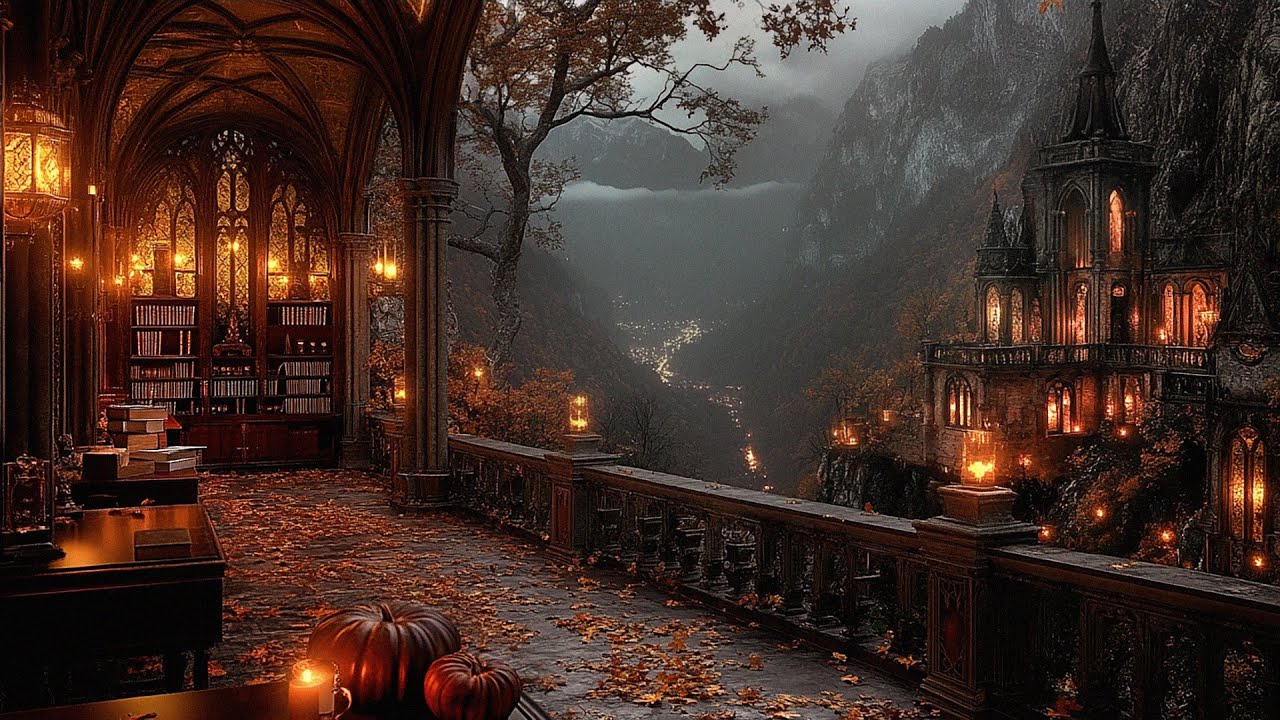 Night on an Ancient Mountain Castle Terrace 🌙 Dark Academia Ambience with Autumn Rain & Candlelight