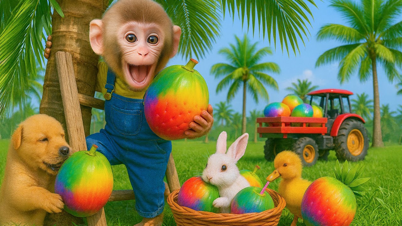 Mono Cherry cosecha FRUTAS de colores arcoíris en la granja y cuida al pequeño mono.