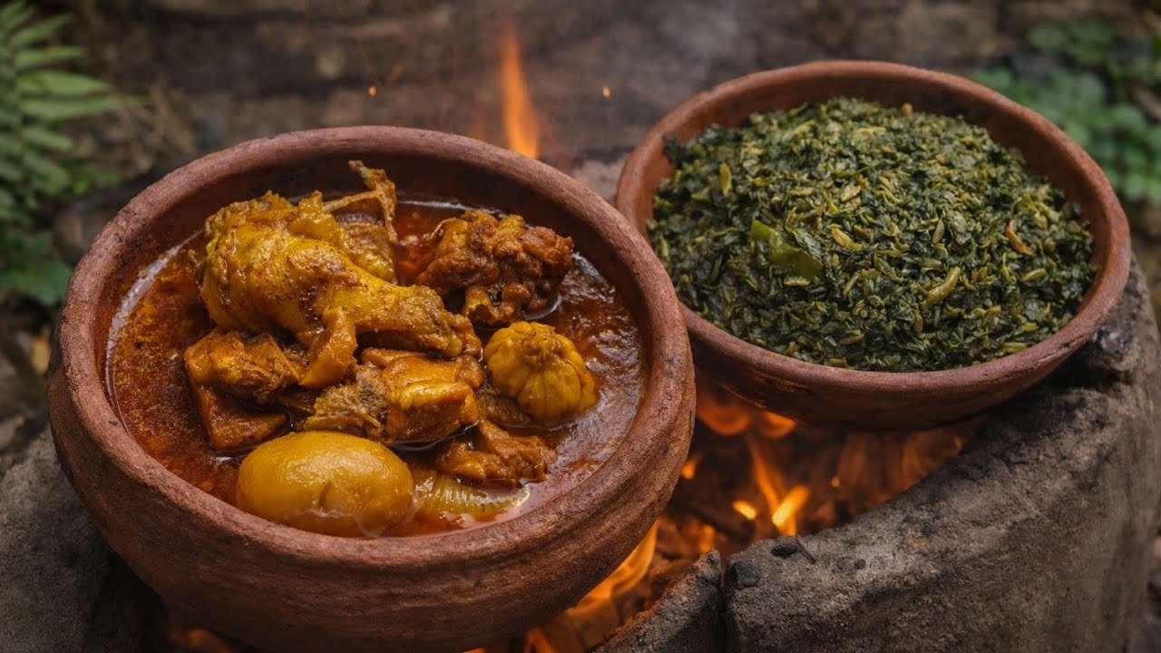 নিজের ক্ষেতের শাক আর লেয়ার মুরগী রান্না মাটির চুলায় 