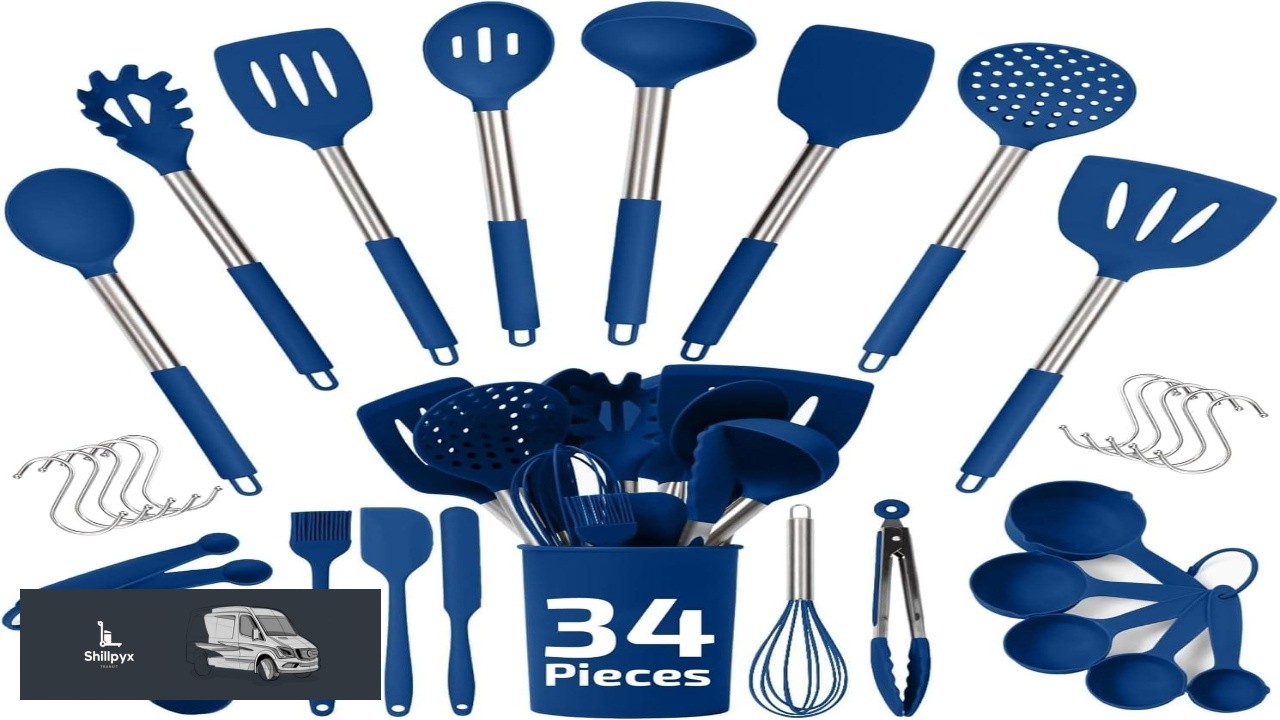 450F Heat Resistant Silicone Kitchen Utensils Set 34 Pieces Blue Cooking