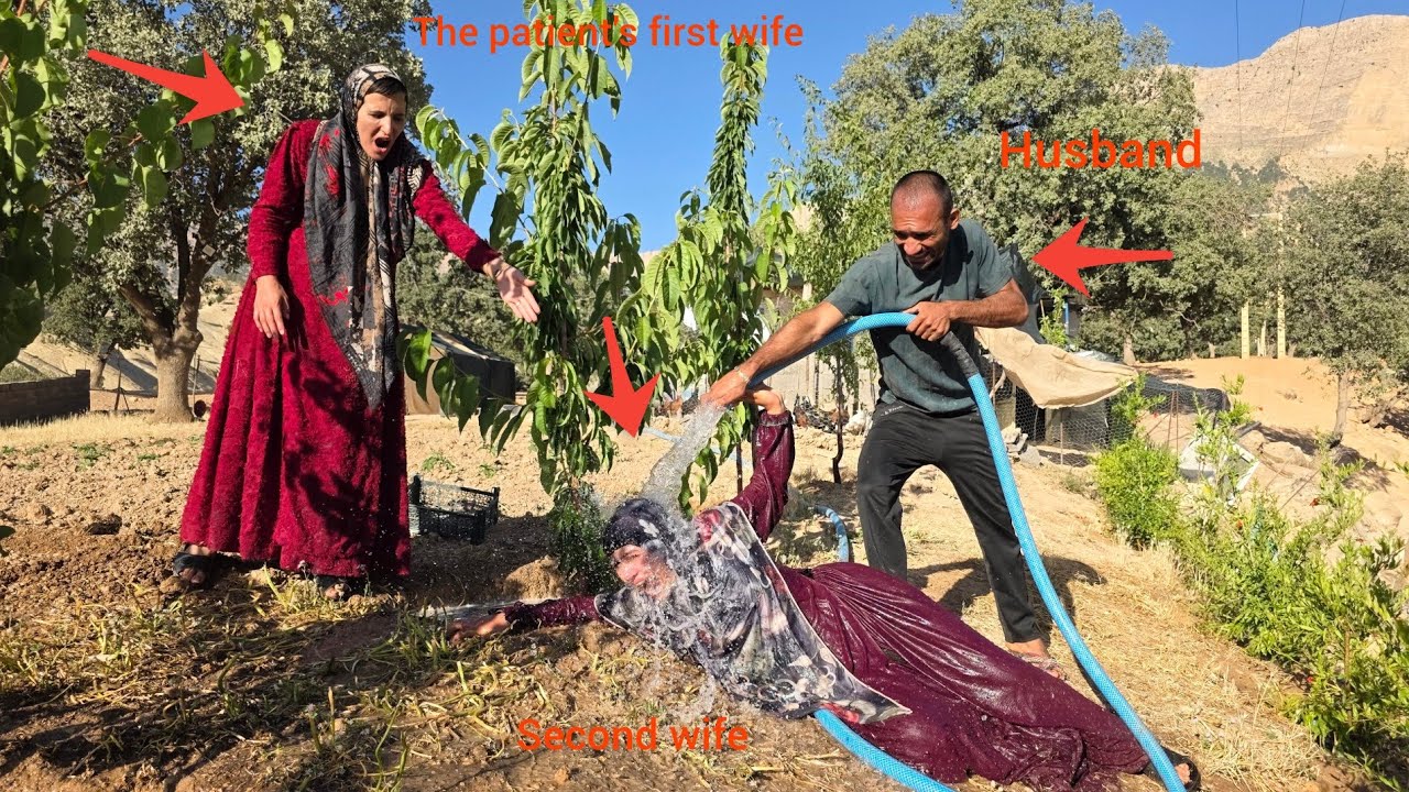 Husband's support for  sick first wife against  evil second wife, anger and attack on  second wife