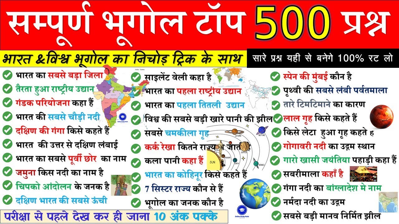 सम्पूर्ण भारत एवं विश्व का भूगोल | Indian & World Geography Complete | Geography Important Questions