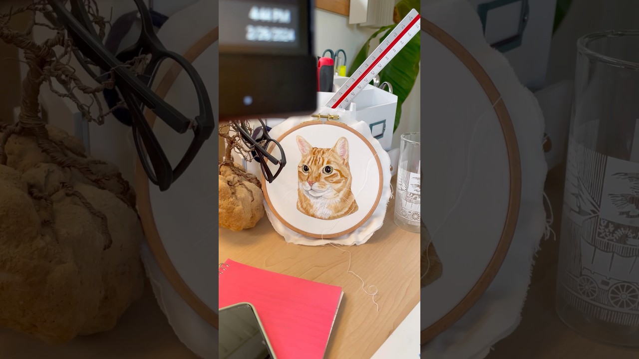 Thread painting of a lovely orange cat #handembroidery #embroideryartist #shorts #shortsvideo