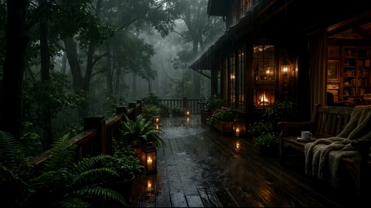 Thunderstorm at a Forest Cabin ⛈️ Relaxing Rain & Fire Sounds