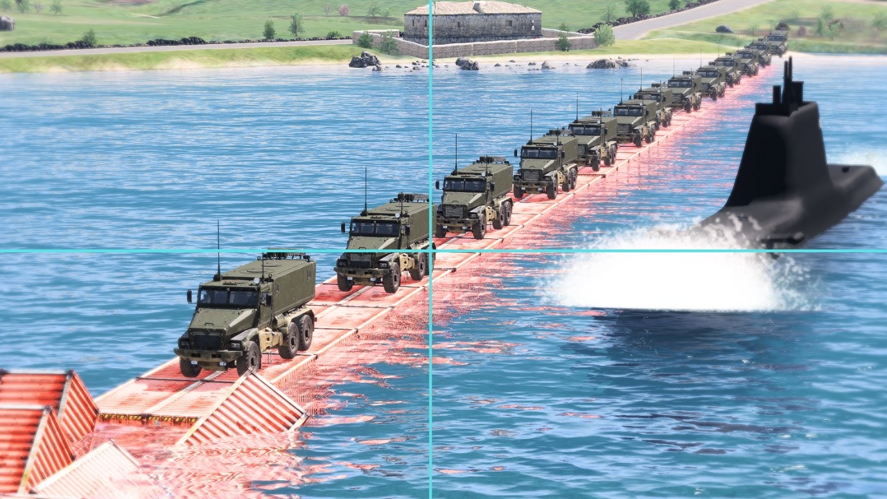 Russian Armored Personnel Carrier Passing Broken Bridge Wrecked by Missile