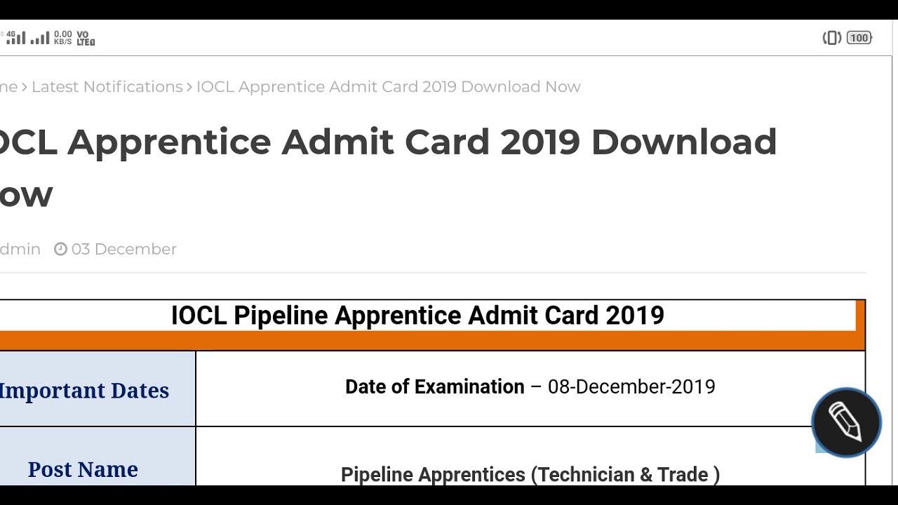 IOCL Pipeline Apprentice Admit Card 2019
