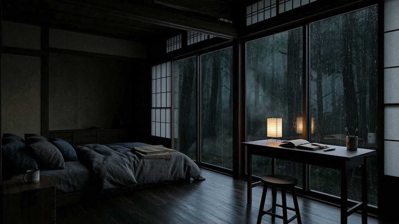 Soft Rain Ambience in Pine Forest Cabin 🌧️ Warm Lamp Glow & Books for Deep Sleep and Relaxation