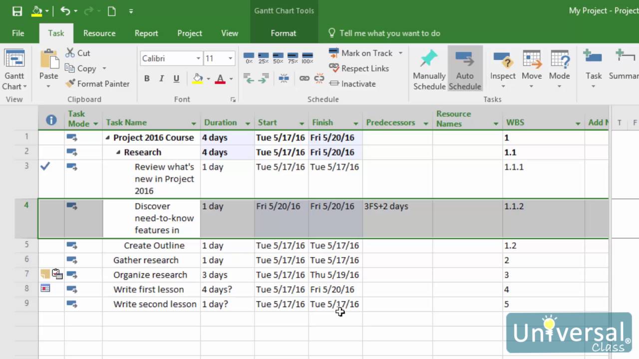 Lesson 9: Introducing Dependencies - Universal Class Microsoft Project 2016