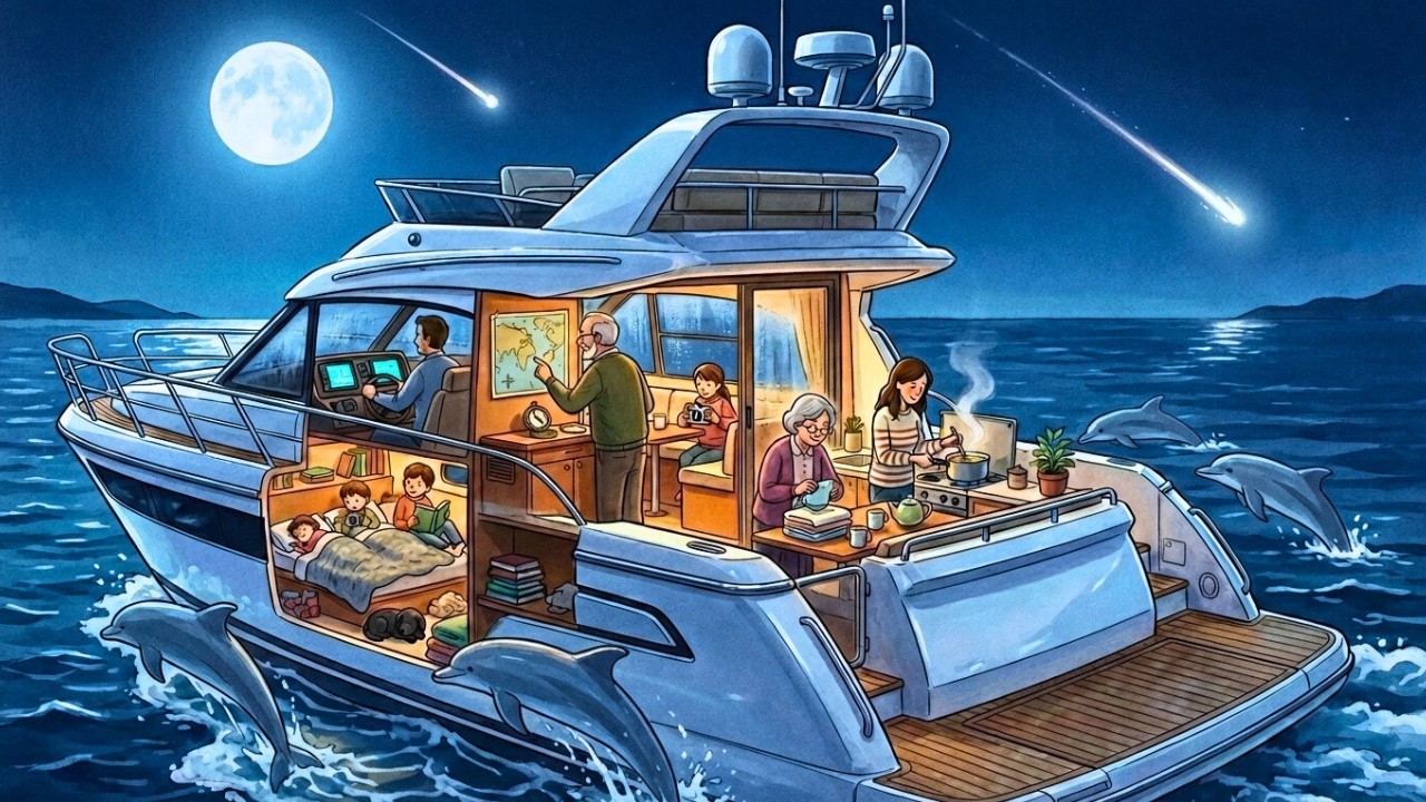 Cozy Modern Yacht Day: Life Jackets Ocean Swim, Warm Dinner & Night Sea Sparkles | Ghibli-Style ASMR