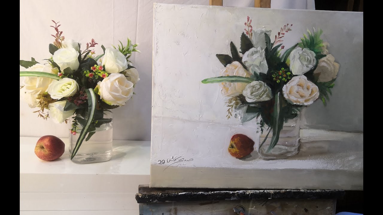 تقنية الألون الزيتية في رسم مزهرية شفافة مع وردThe  oil color in a transparent vase with flowers