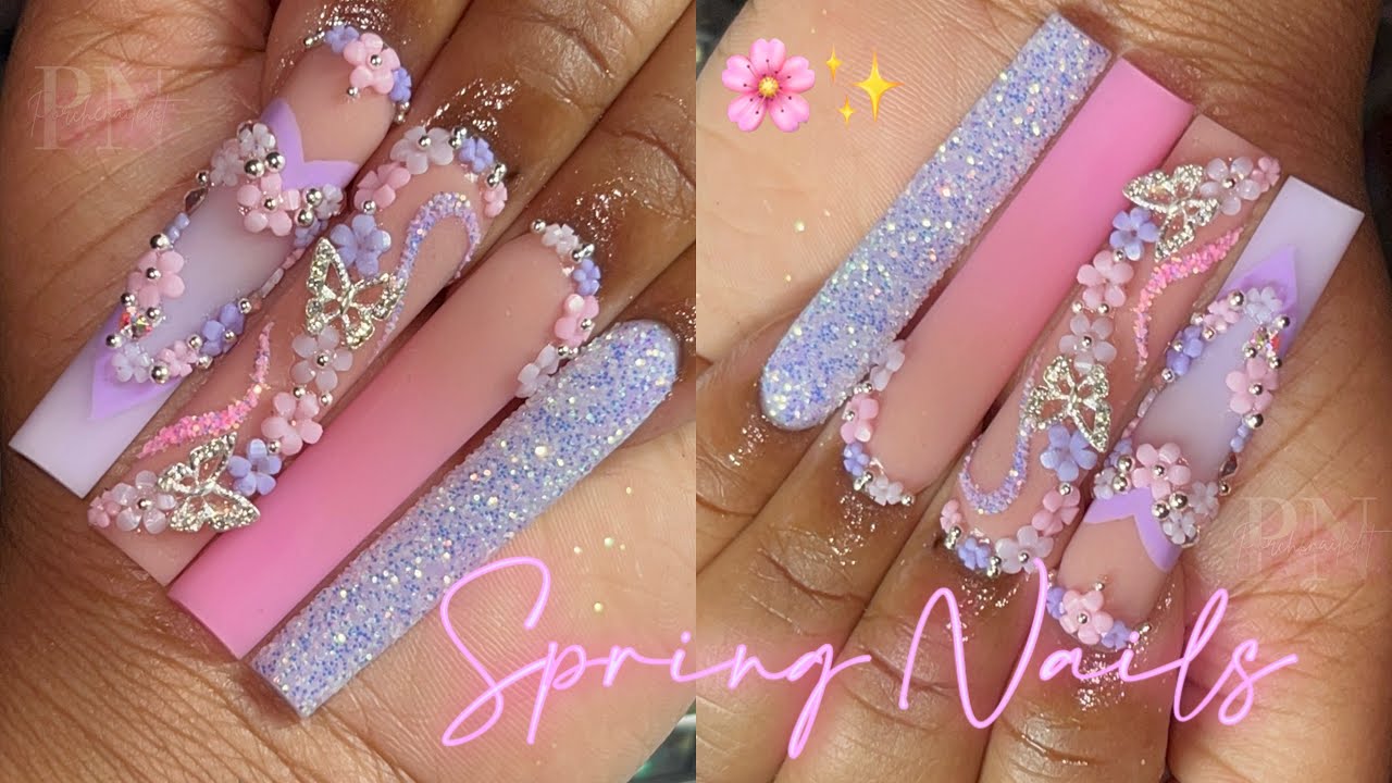 PINK & PURPLE SPRING NAILS 💜💖🌸 | 3D FLOWERS | FULL ACRYLIC NAIL TUTORIAL ✨