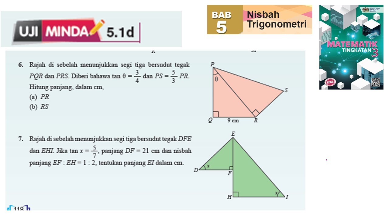 KSSM Matematik Tingkatan 3 Bab 5 nisbah trigonometri uji minda 5.1d no6-7 buku teks form 3